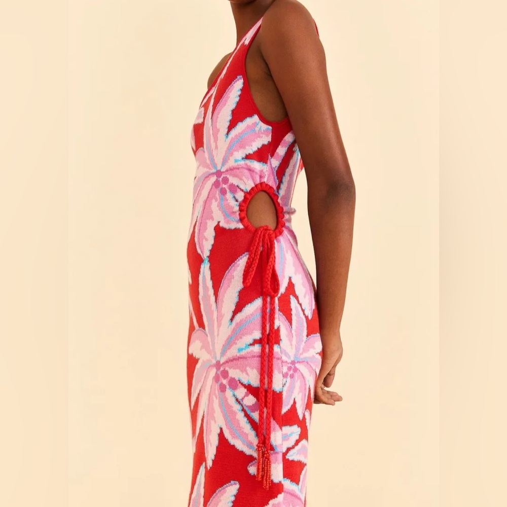 FARM Rio Red One-Shoulder Tropical Palm Maxi Dress with Pink Print - Picture 3 of 11